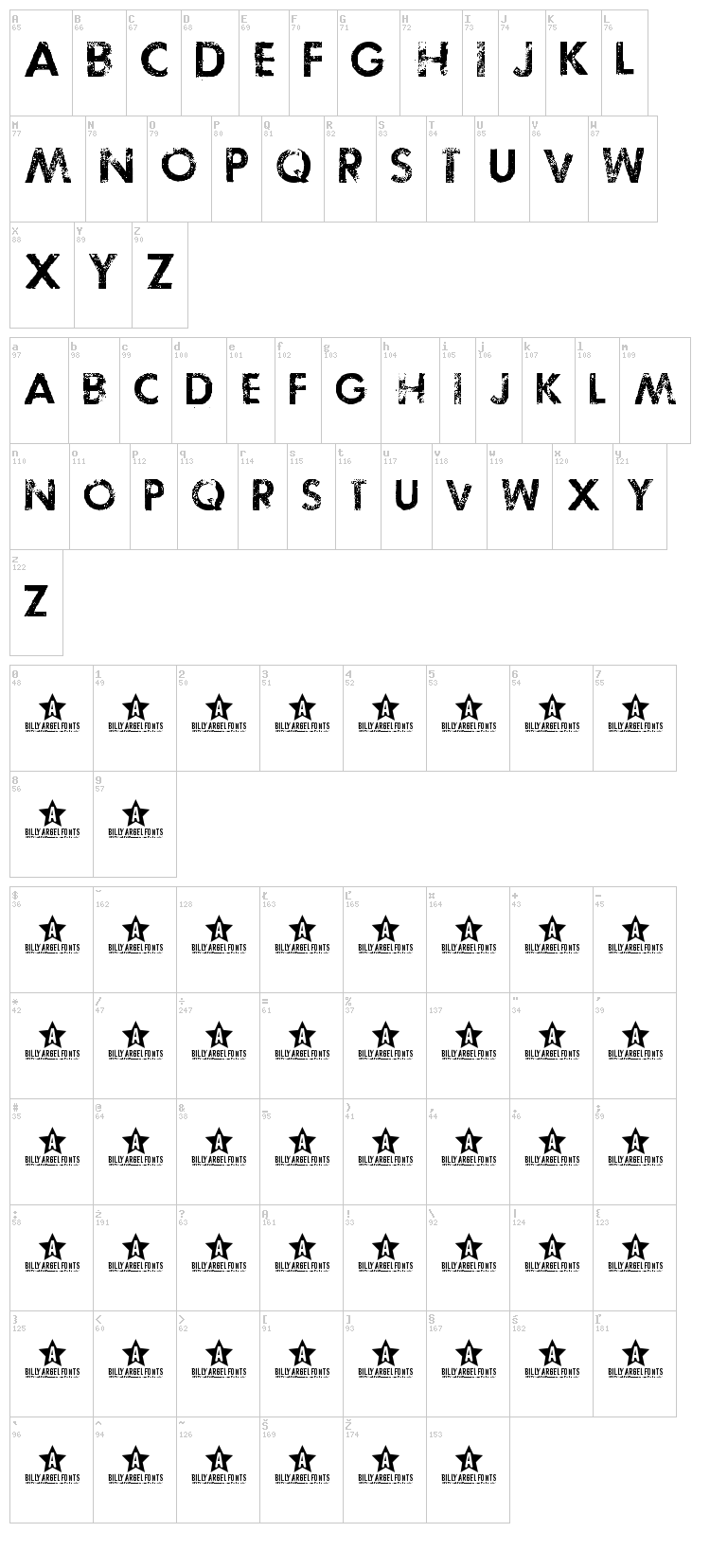 Tosca Zero font map