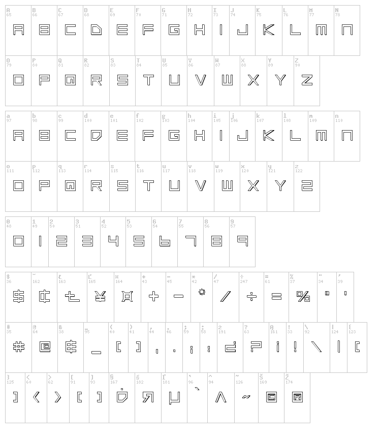 Low Gun Screen font map