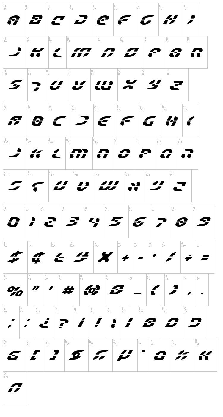 Star Fighter font map