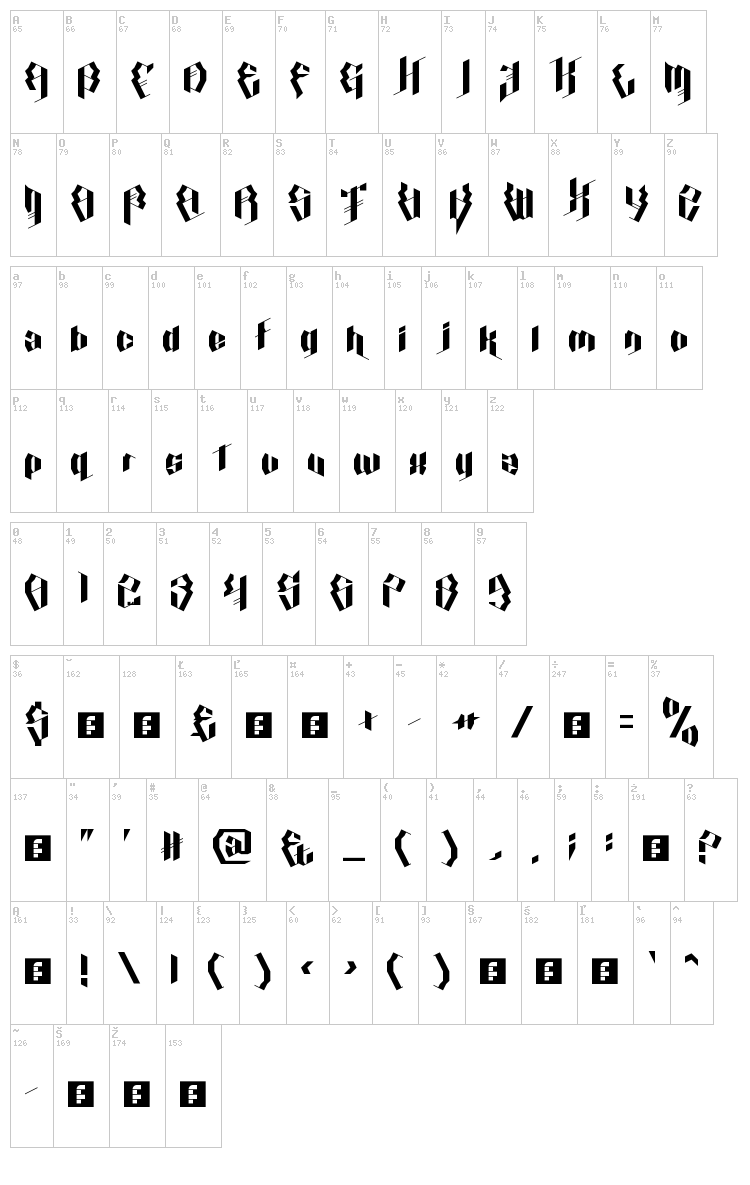 Calligraphy Aquiver font map