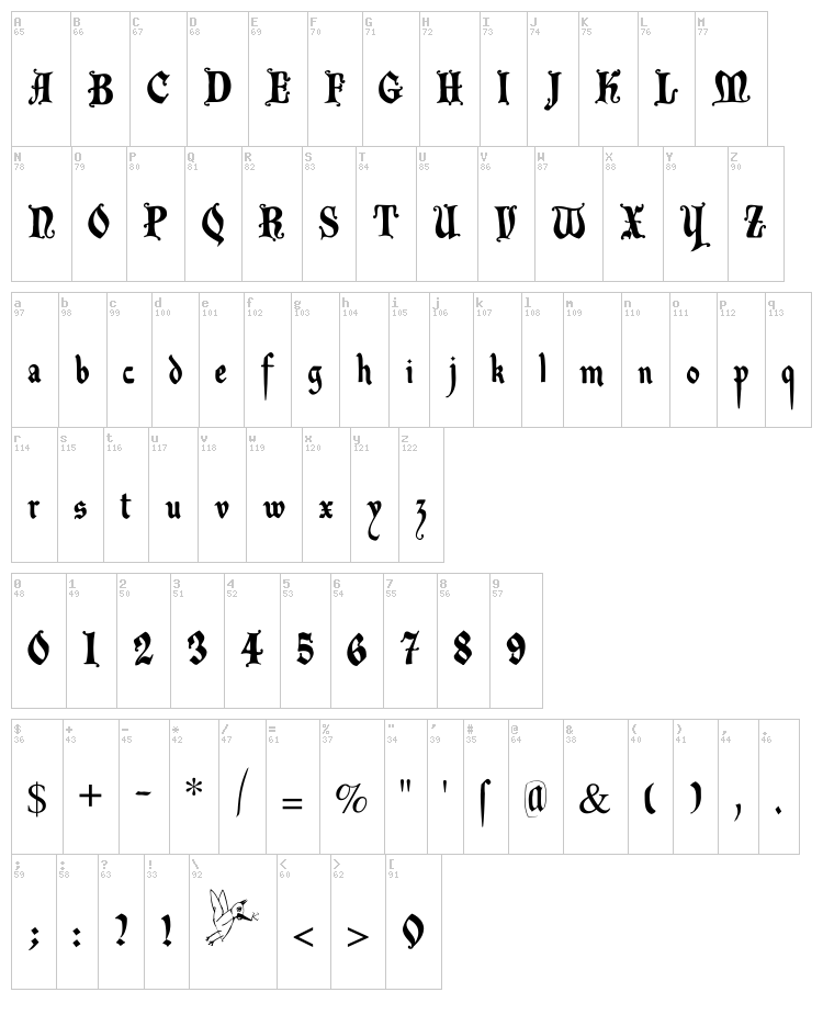 Decadenta Frax font map