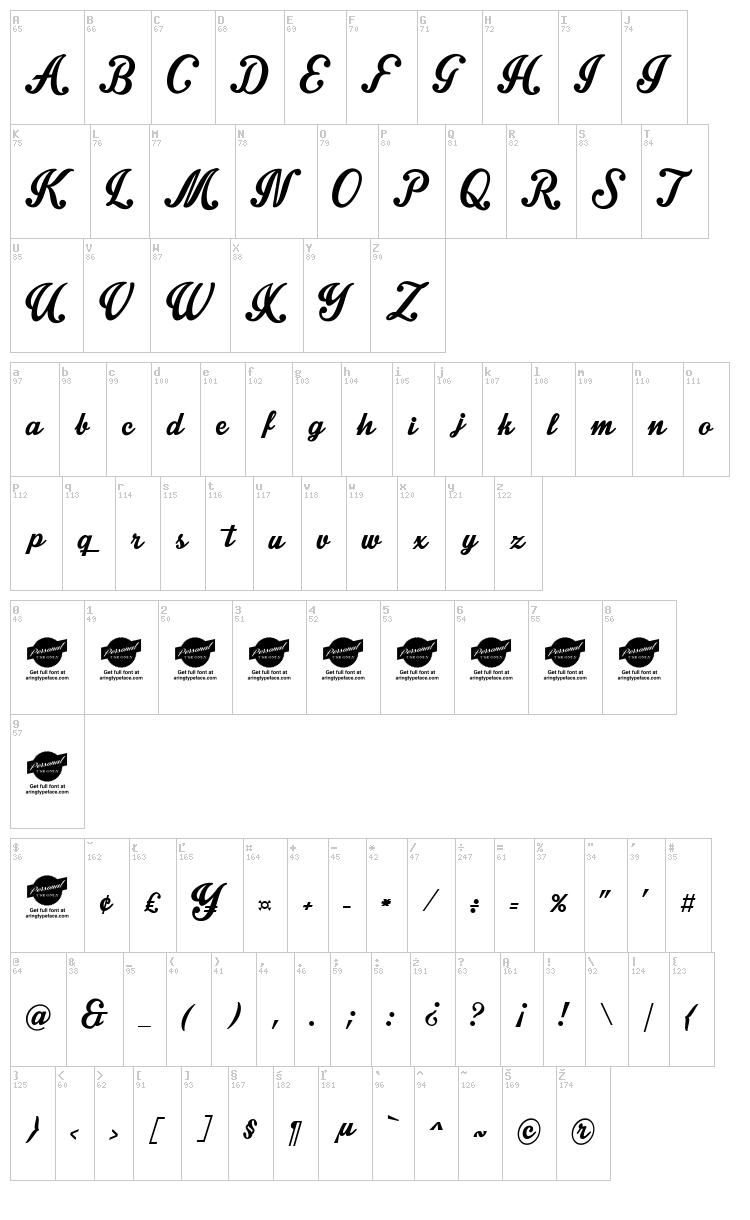 Intrique Script font map