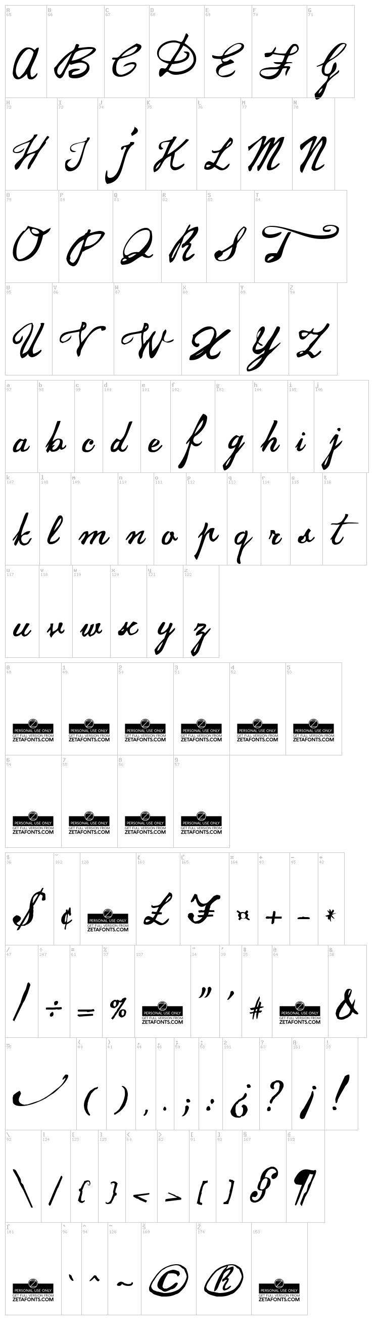 Jamscript font map