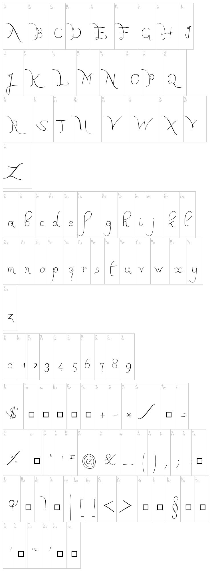 JB Calli font map