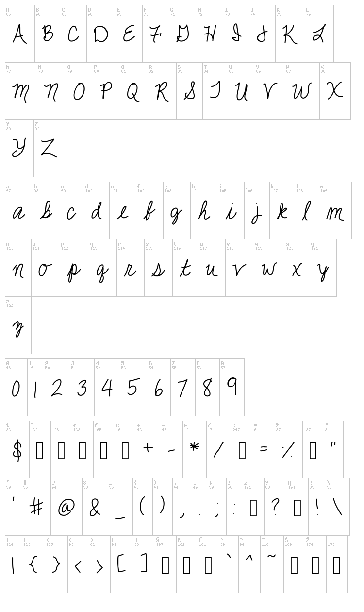 Jackie K Cursive font map