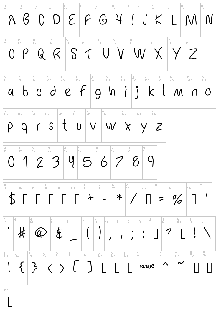 MB Chicken Scratch font map
