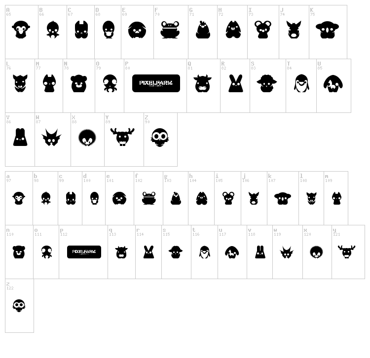Pixelfarms Pets font map