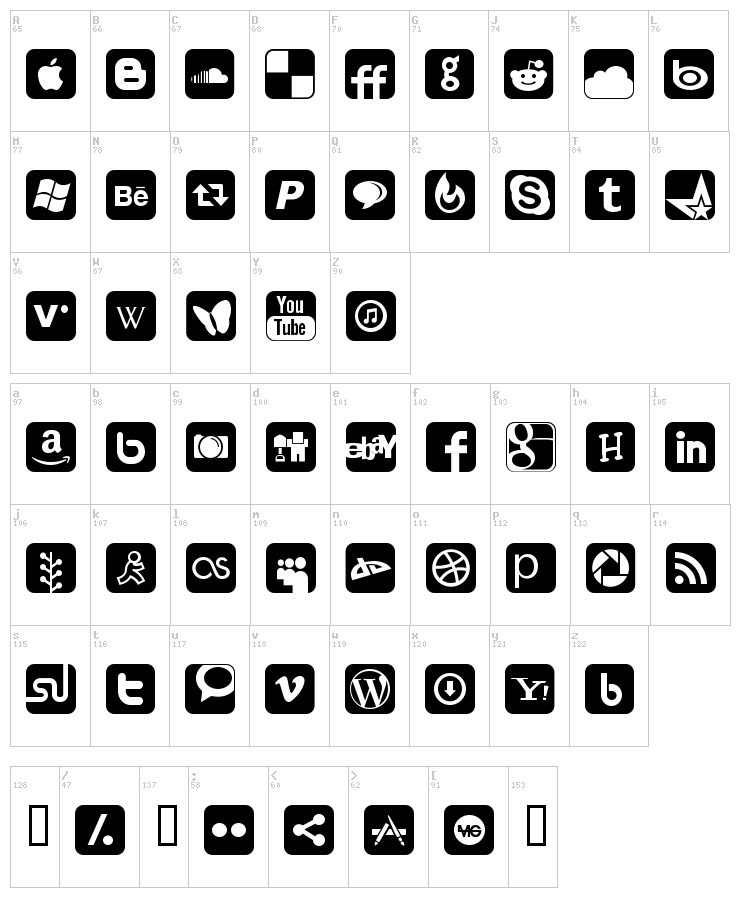 Social Networking Icons font map