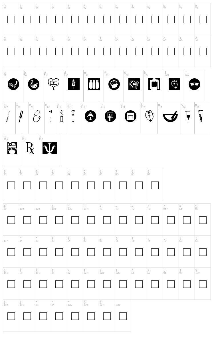 Healthcare Symbols font map