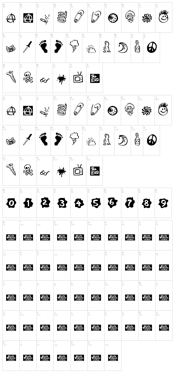 MW Ding-A-Lings font map