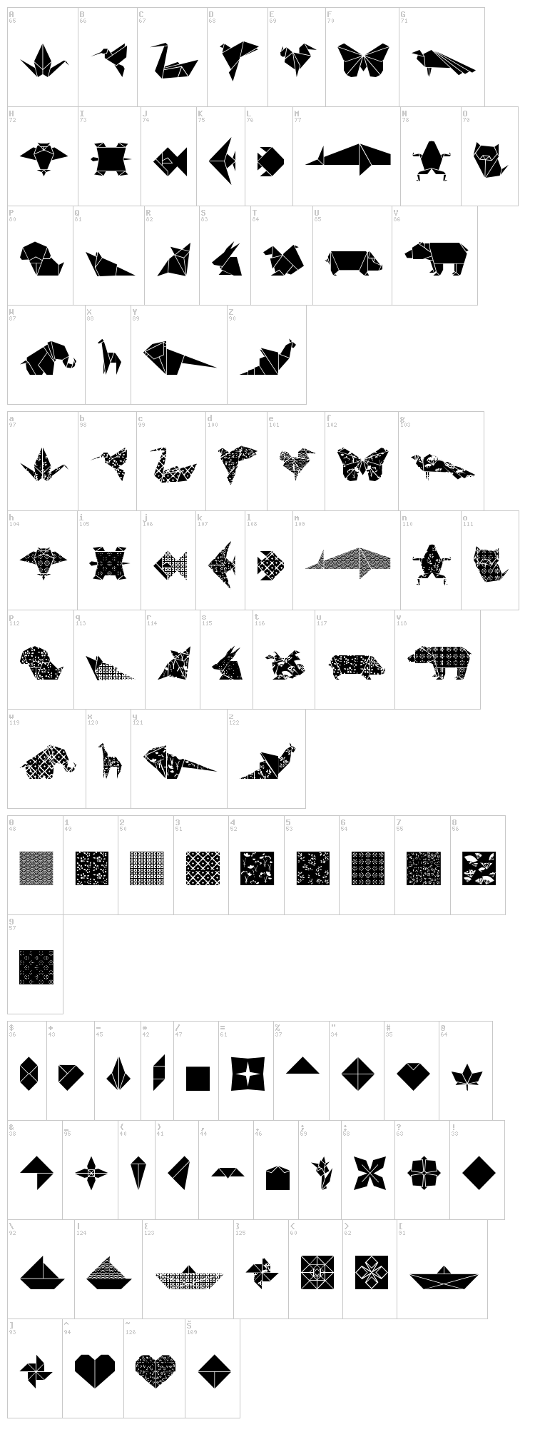 Origami Bats font map