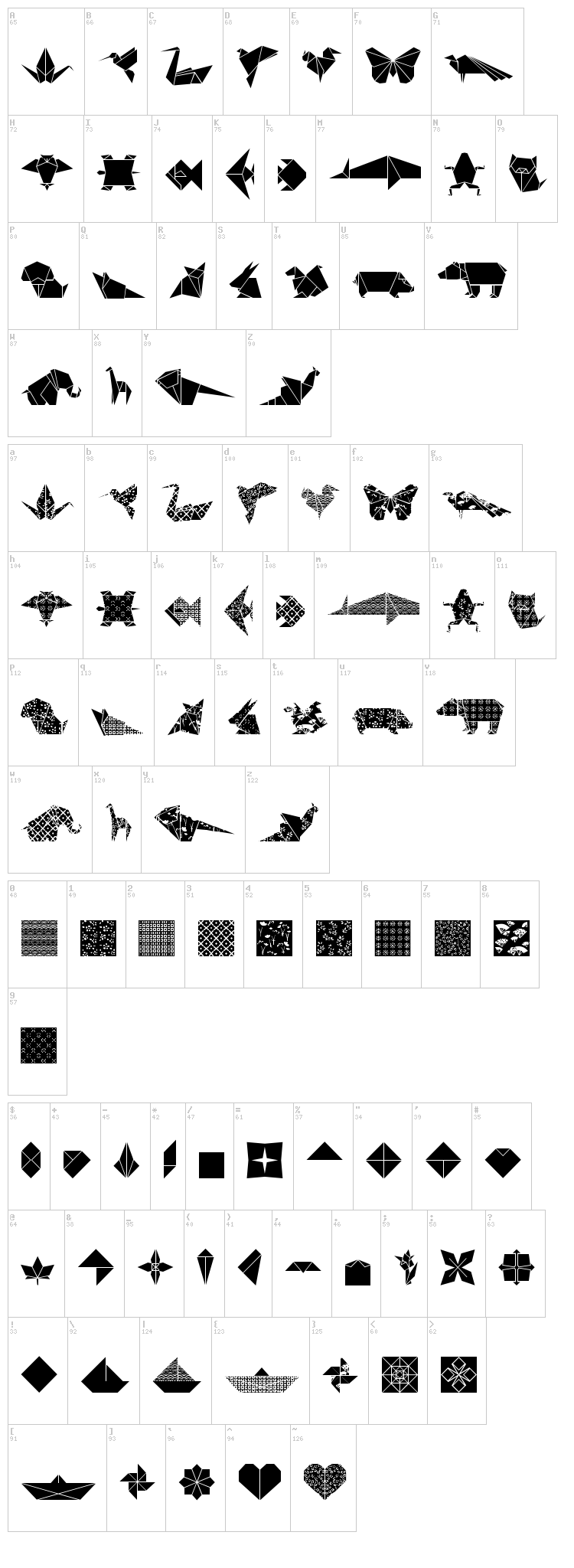 Origami Bats font map