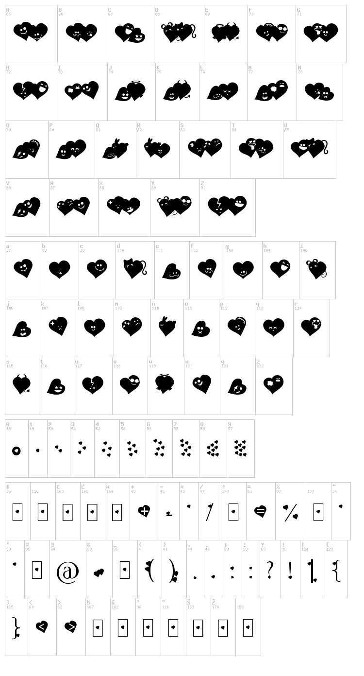 Fluffy Hearts Ding font map