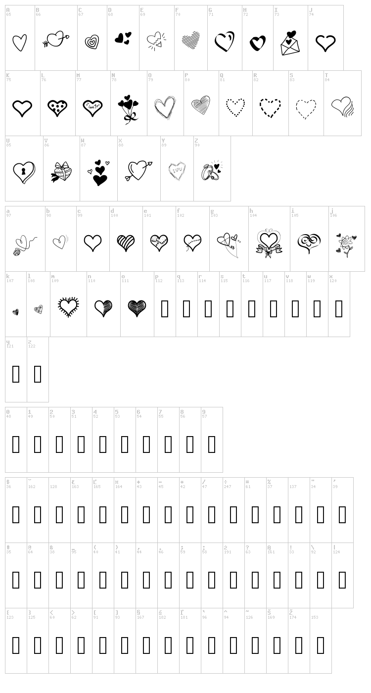 PW Little Hearts font map