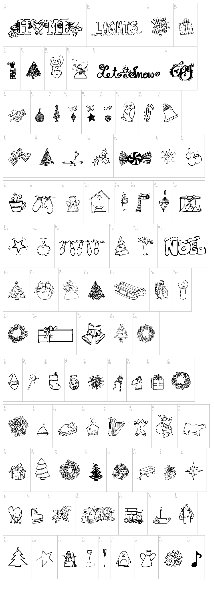 Janda Christmas Doodles font map