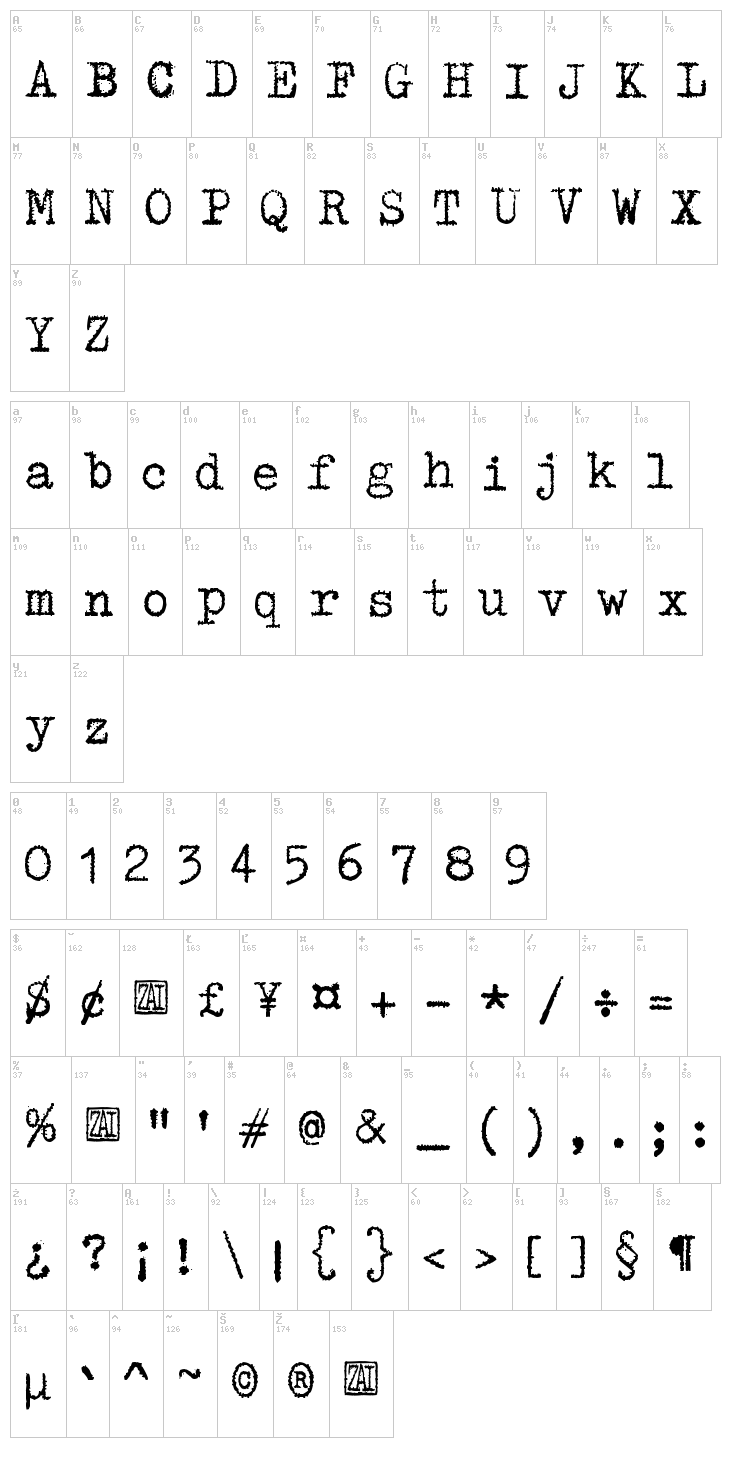 zai Triumph Typewriter font map
