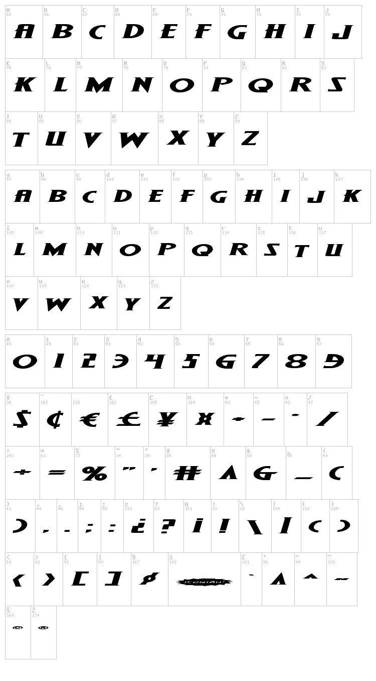 Wolf's Bane Super-Expanded font map