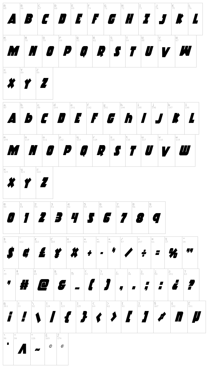 Racket Squad font map