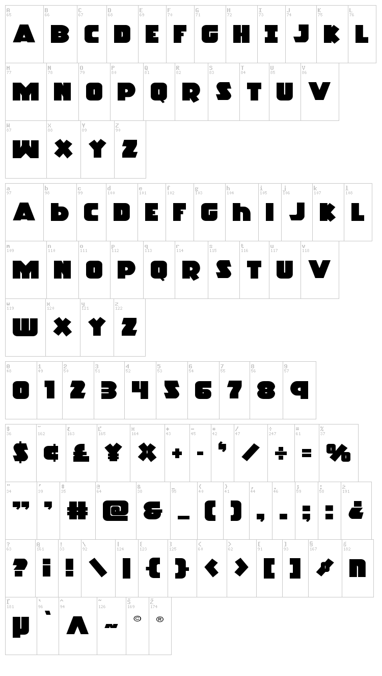 Racket Squad font map