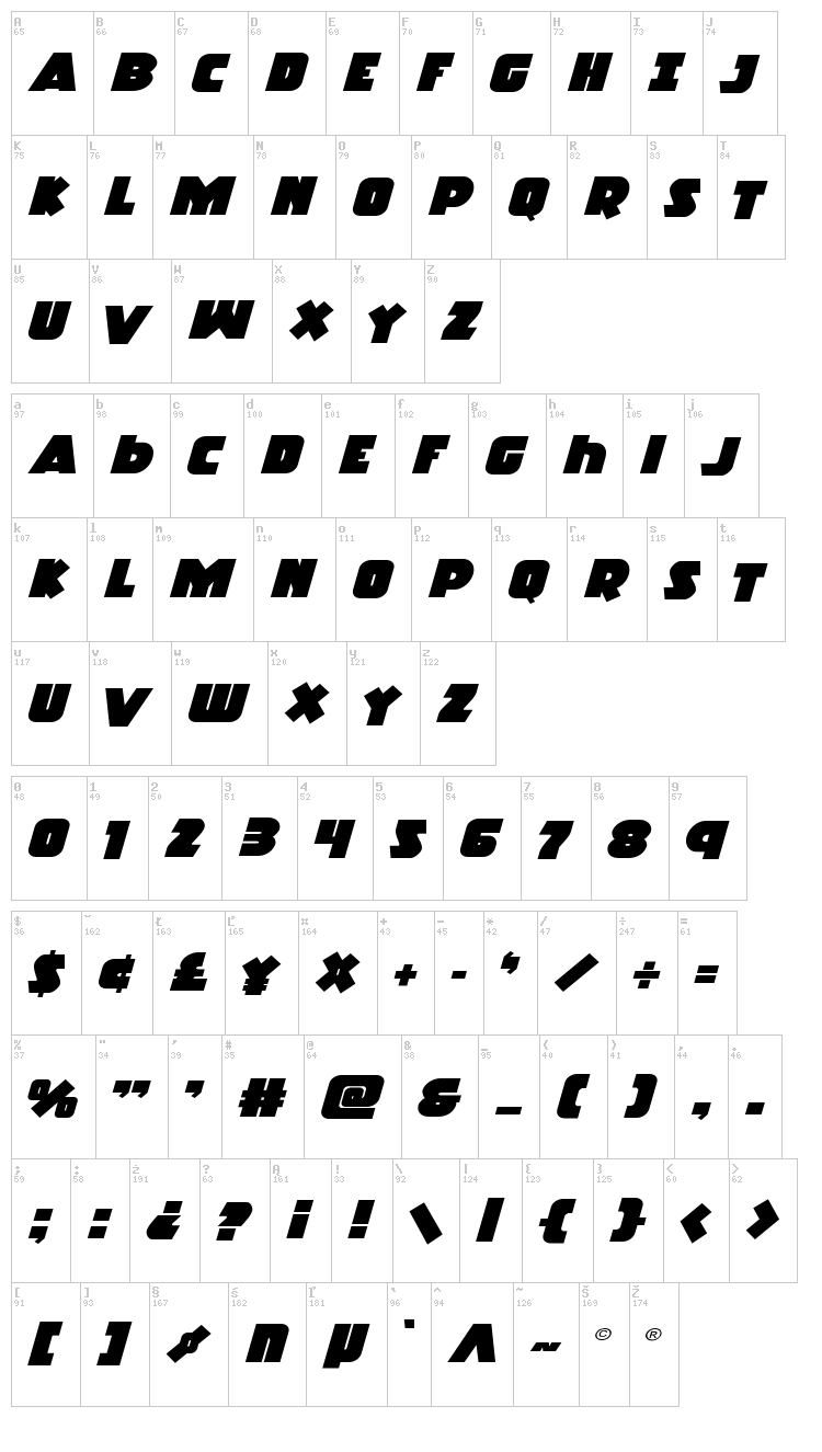 Racket Squad font map