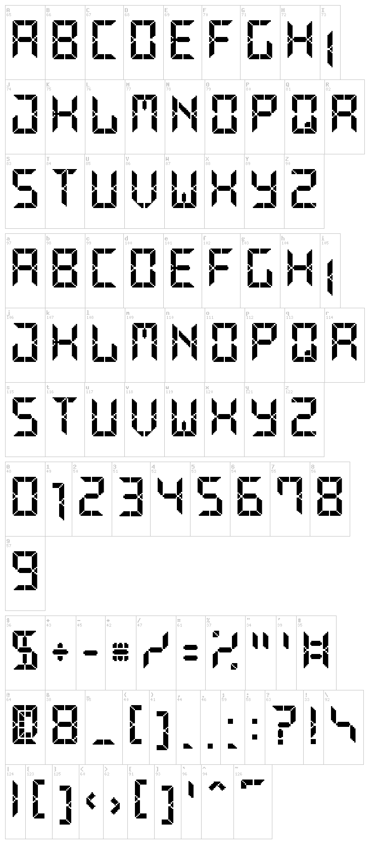 Advanced Pixel LCD-7 font map
