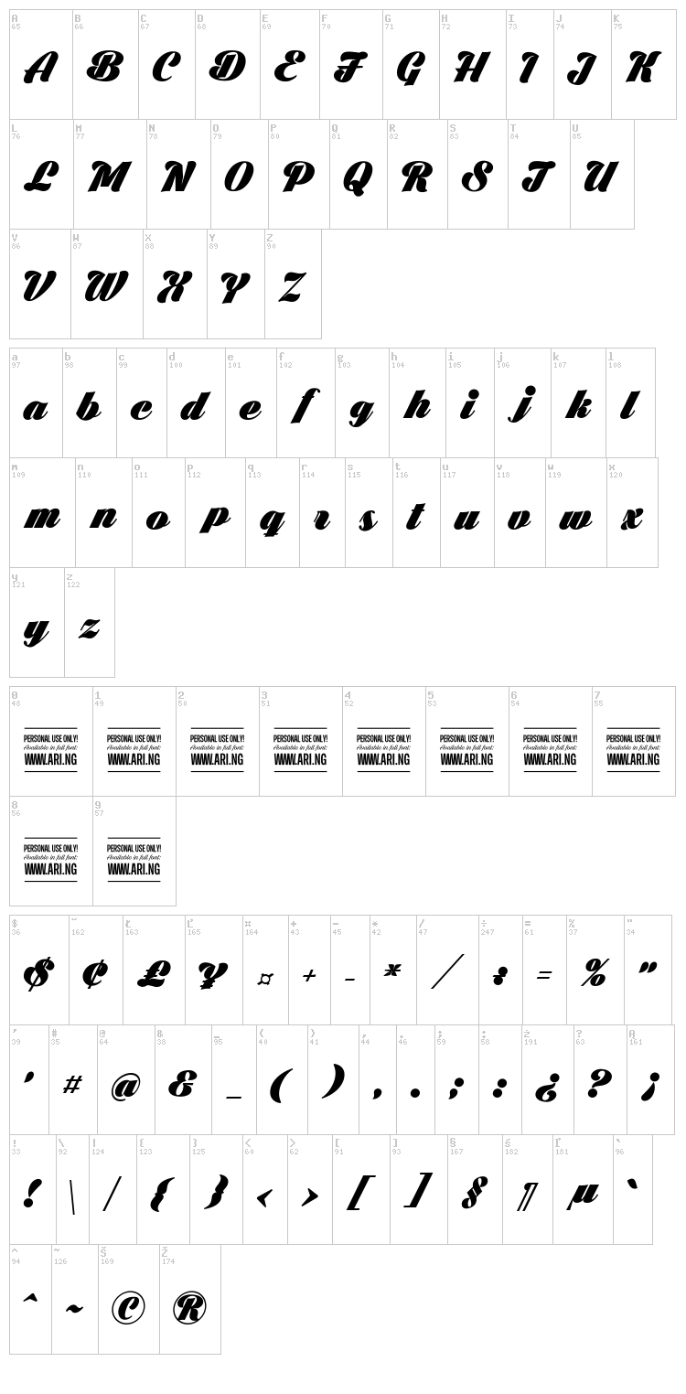 Black Larch font map