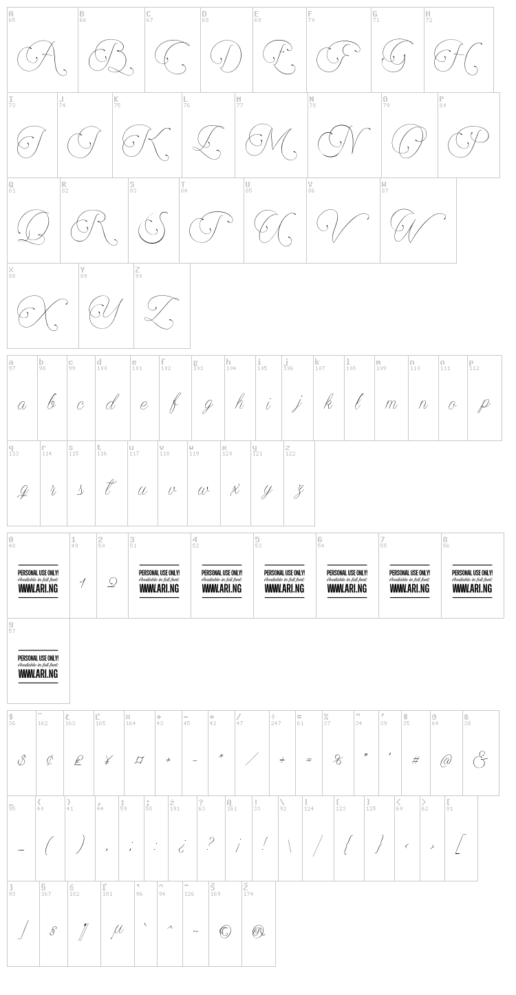 Encina Script font map