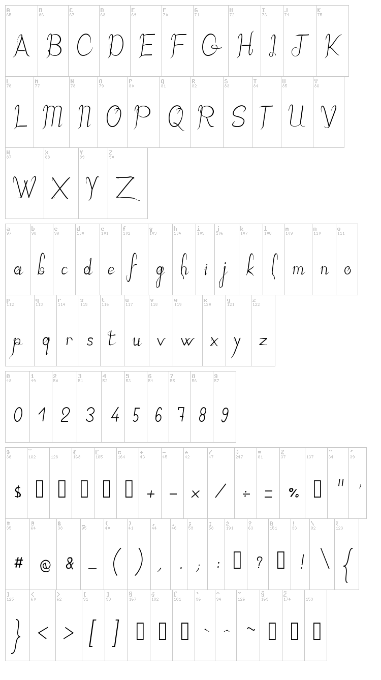 JB Elegant font map