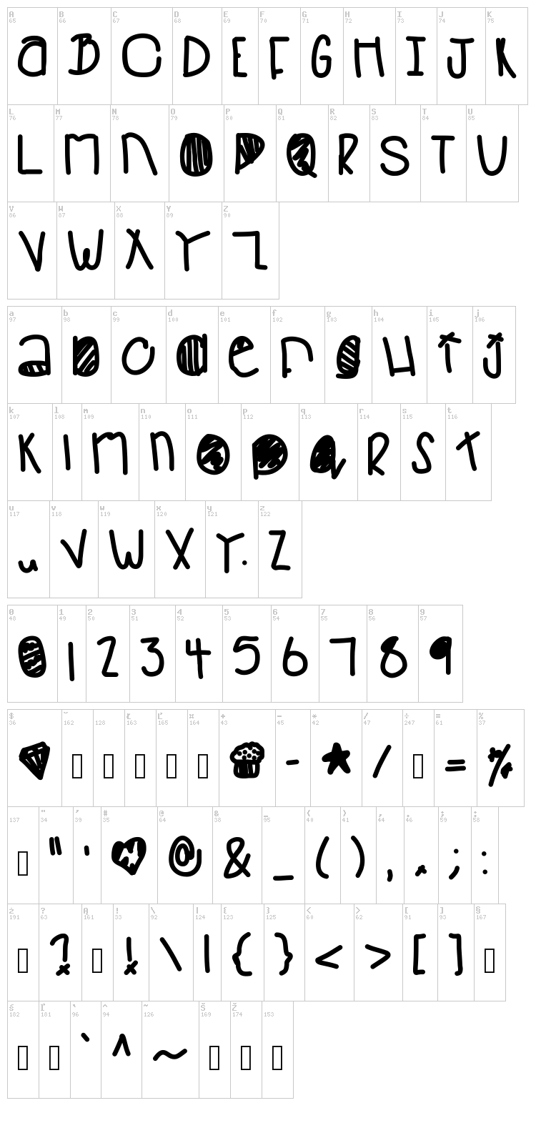 Baboo In Space font map