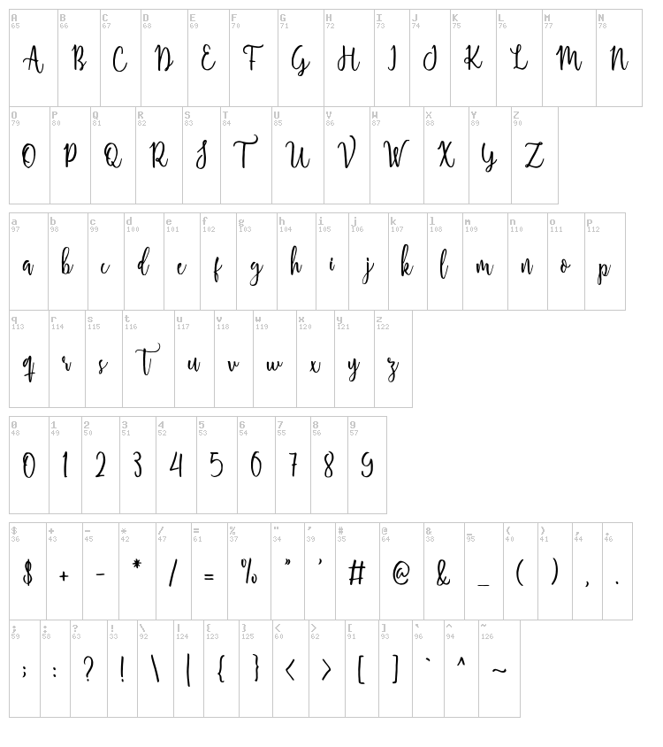 Shellahera Script font map