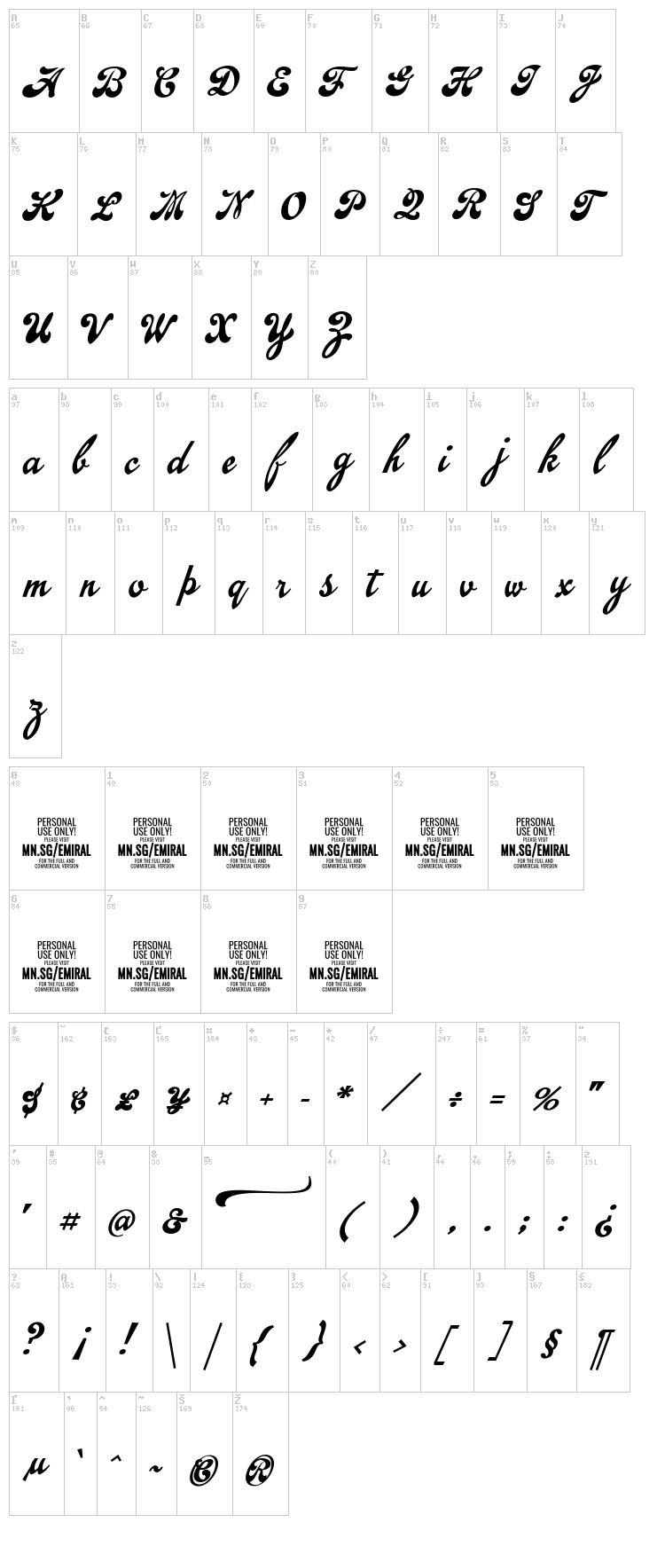 Emiral Script font map