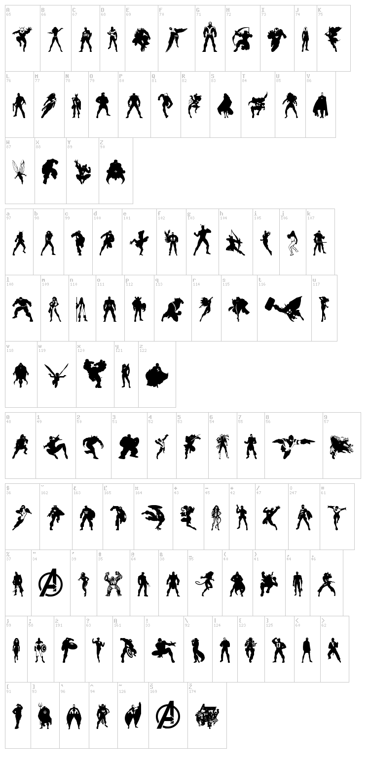 Heroes Assemble Dingbats font map