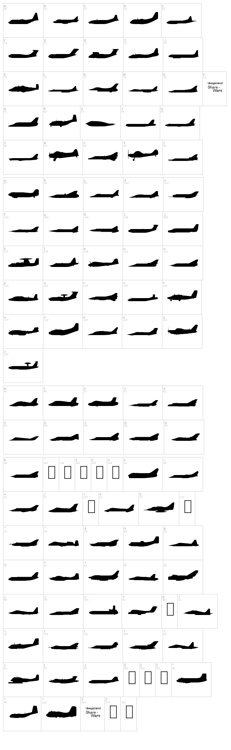 Planes-S-Modern font map