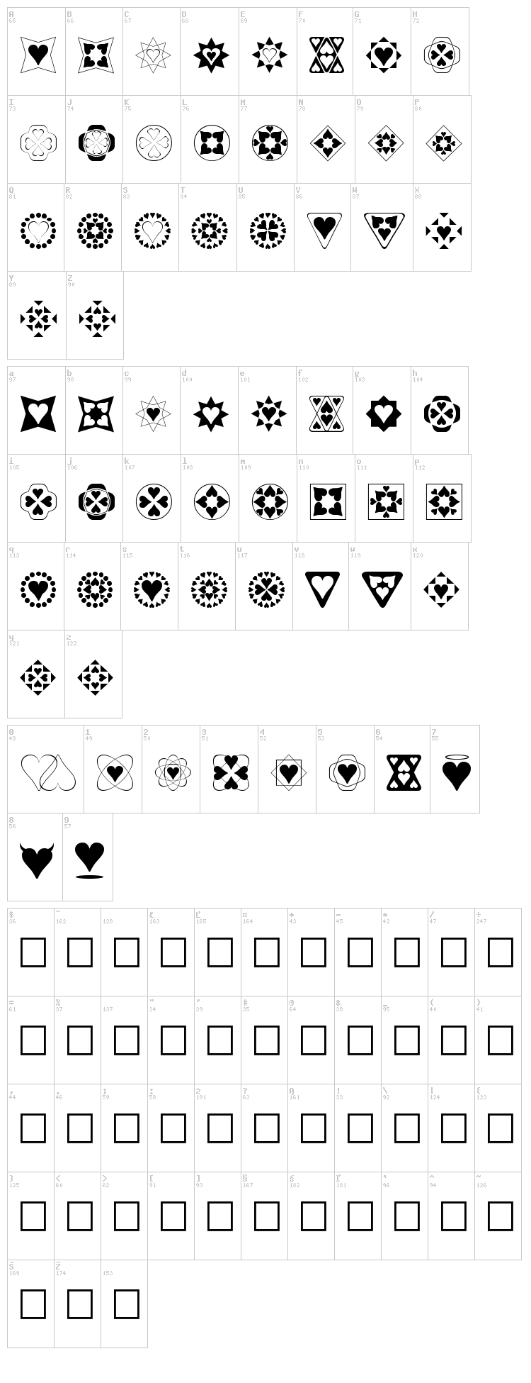 Heart Things font map